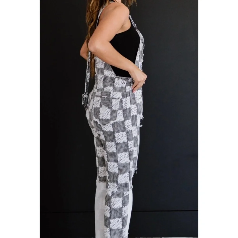 POL Black & White Distressed Patchwork Checker Pattern Overalls - Picture 7 of 9